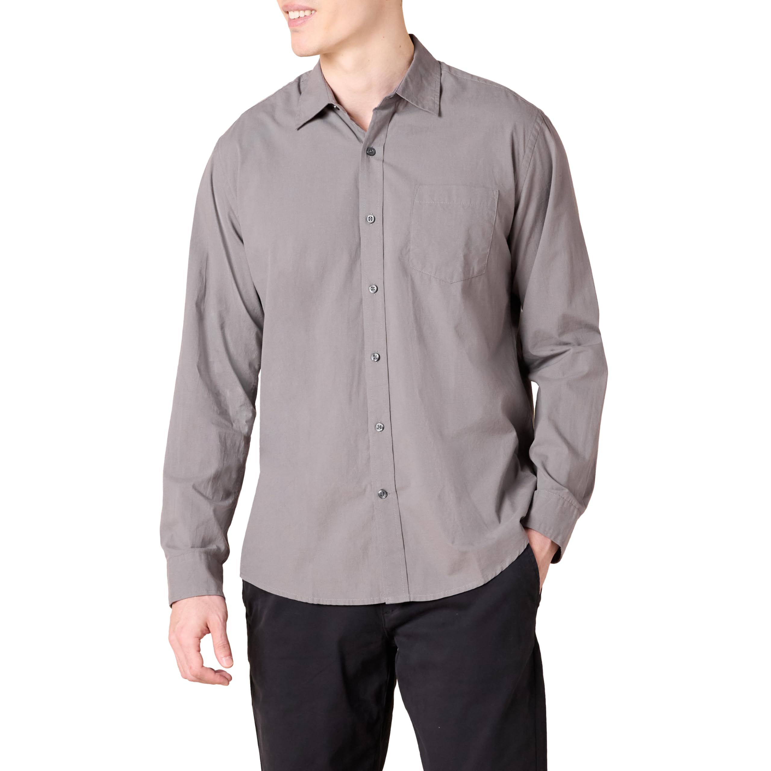 Amazon Essentials Men's Regular-Fit Long-Sleeve Casual Poplin Shirt, Button Front, Business Casual, Collared Regular Fit Grey Small