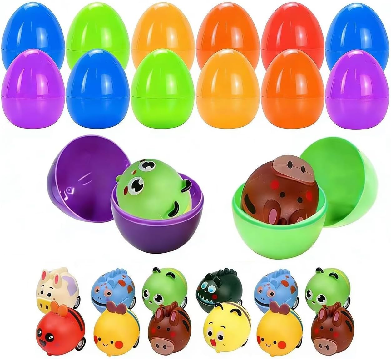 Amyang Easter Eggs Prefilled with Pull Back Cars, 12 Pack, Mini Vehicles Car Toys, Easter Party Favours, Basket Stuffers, Pinata Fillers