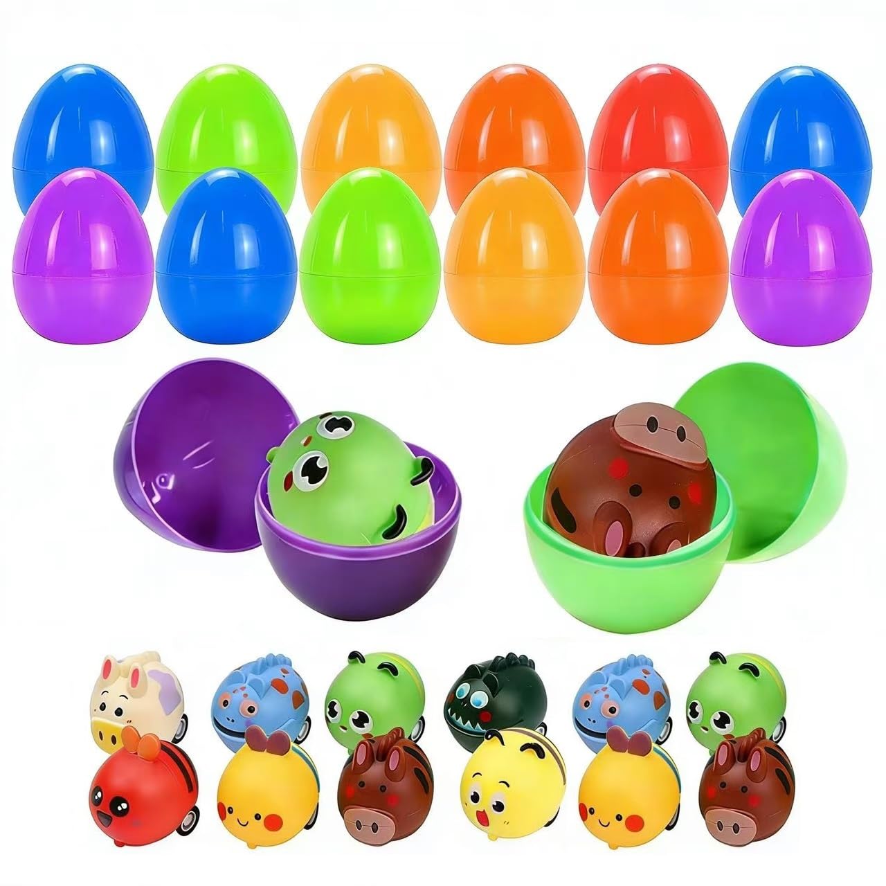 Amyang Easter Eggs Prefilled with Pull Back Cars, 12 Pack, Mini Vehicles Car Toys, Easter Party Favours, Basket Stuffers