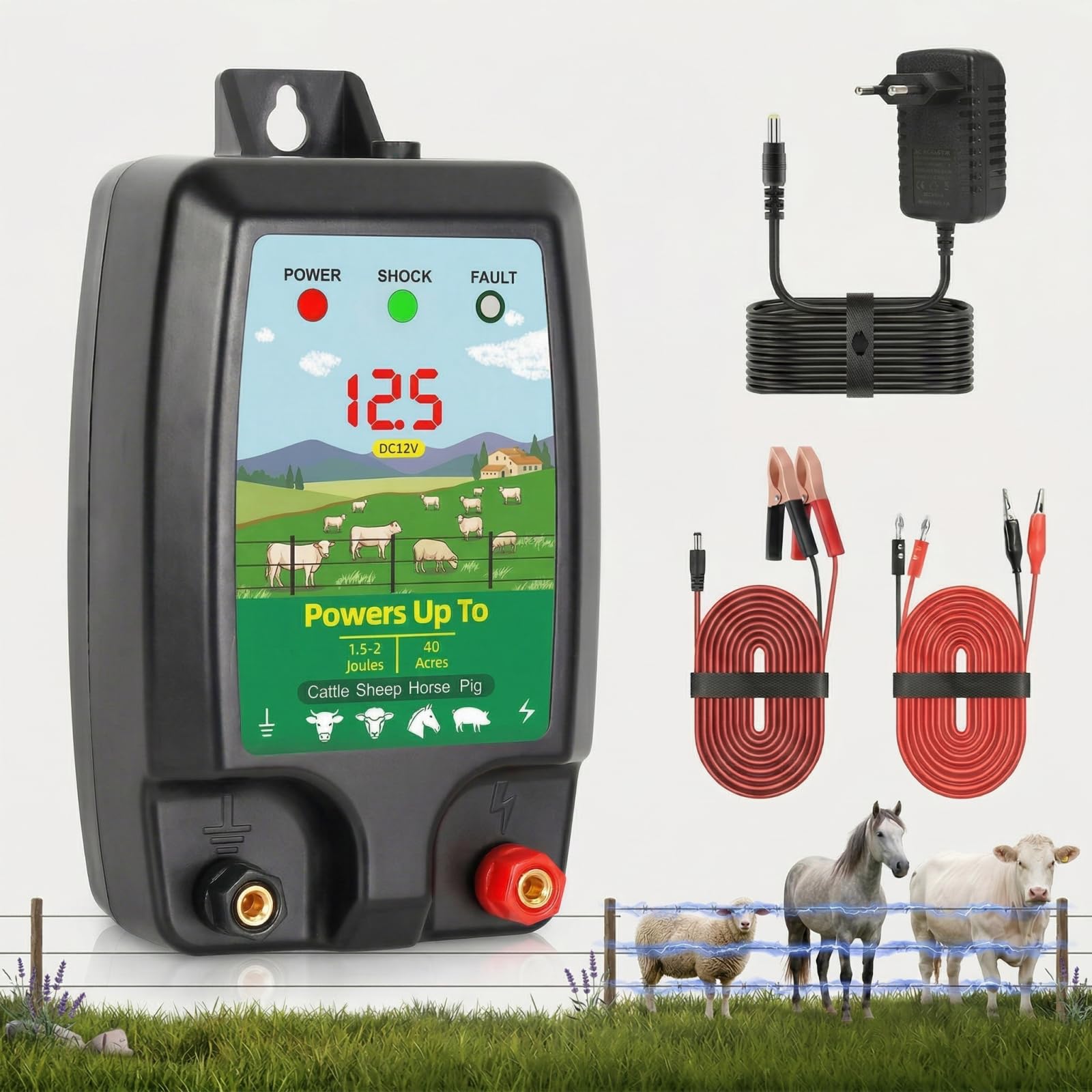 Dispositivo di recinzione elettrica 12 V con display a LED, portata 10 km, 2 Joule, 12 kV, per la protezione di animali da fattoria, pollame, pascoli e giardini (nero)