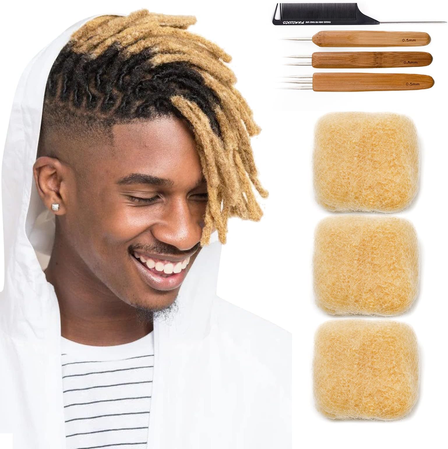 Tight Afro Kinky Bulk 100％ Human Hair for Draedlock Extensions, Repair Locs, Twists and Braids - 16 Inch, #613 (16 Inch (Pack of 3), #613 - Blonde)