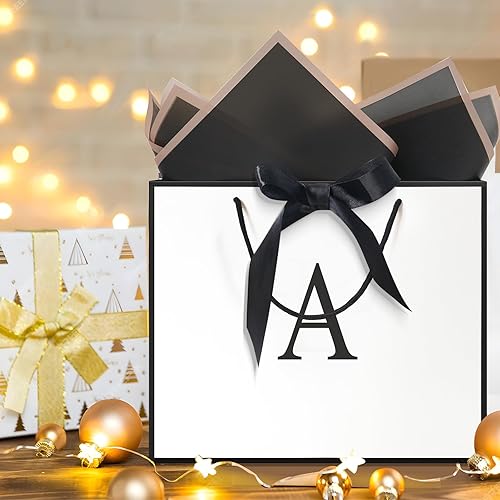 Miniatura 5 de QLSKO - Bolsa de regalo con monograma personalizada, bolsa de papel con inicial personalizada con tarjeta, sobre a juego, cinta con lazo y papel de