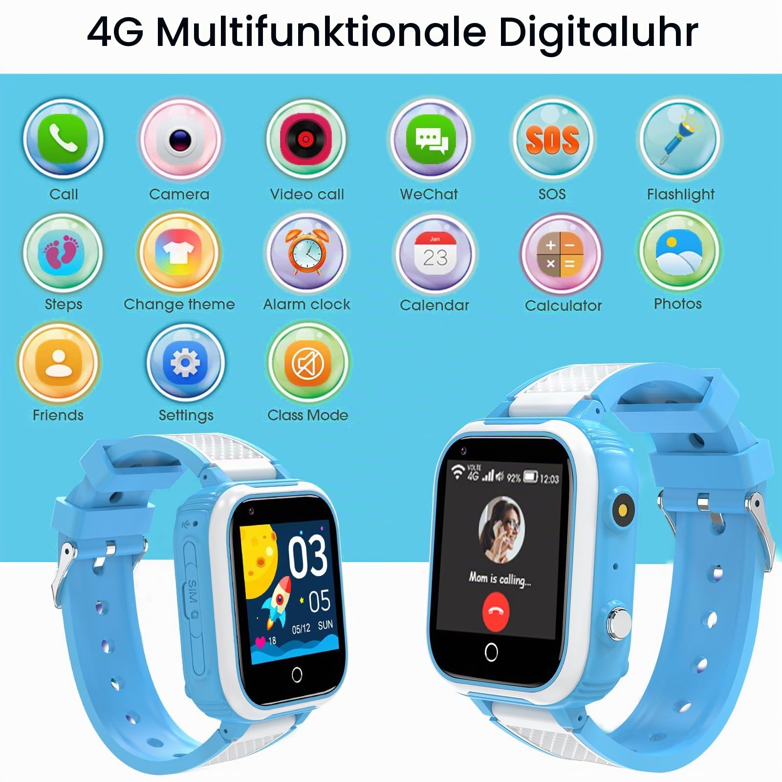 4G Smartwatch für Kinder mit GPS-Tracker, Uhr, Sprach-, Video-Chat, Text, Anruf, SOS-Alarm, Kamera, Schrittzähler, WLAN, wasserdichter Touchscreen, Kinderuhr für Alter 4–12 Jahre, Jungen,