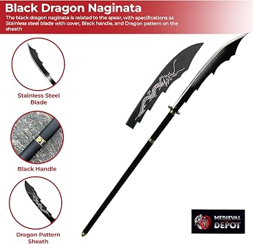 MedievalDepot Black Dragon Naginata - Overall 60 - Blackened Finish - Dragon Pattern Sheath - Collector's