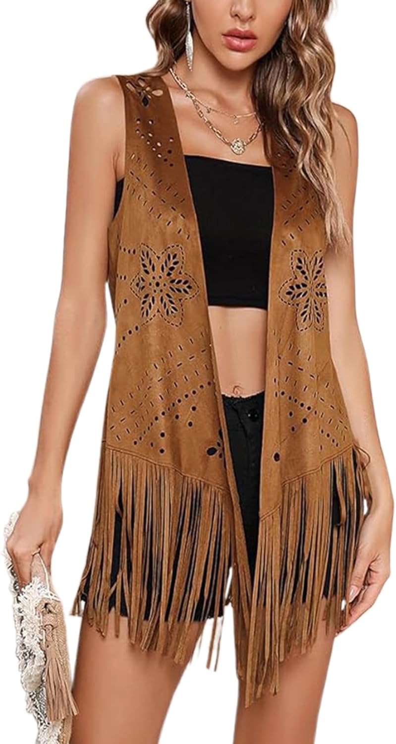 Women's Vintage Cowgirl Tassel Vests 70s Hippie Sleeveless Fringe Waistcoat Hollow Out Western Jacket Gilet