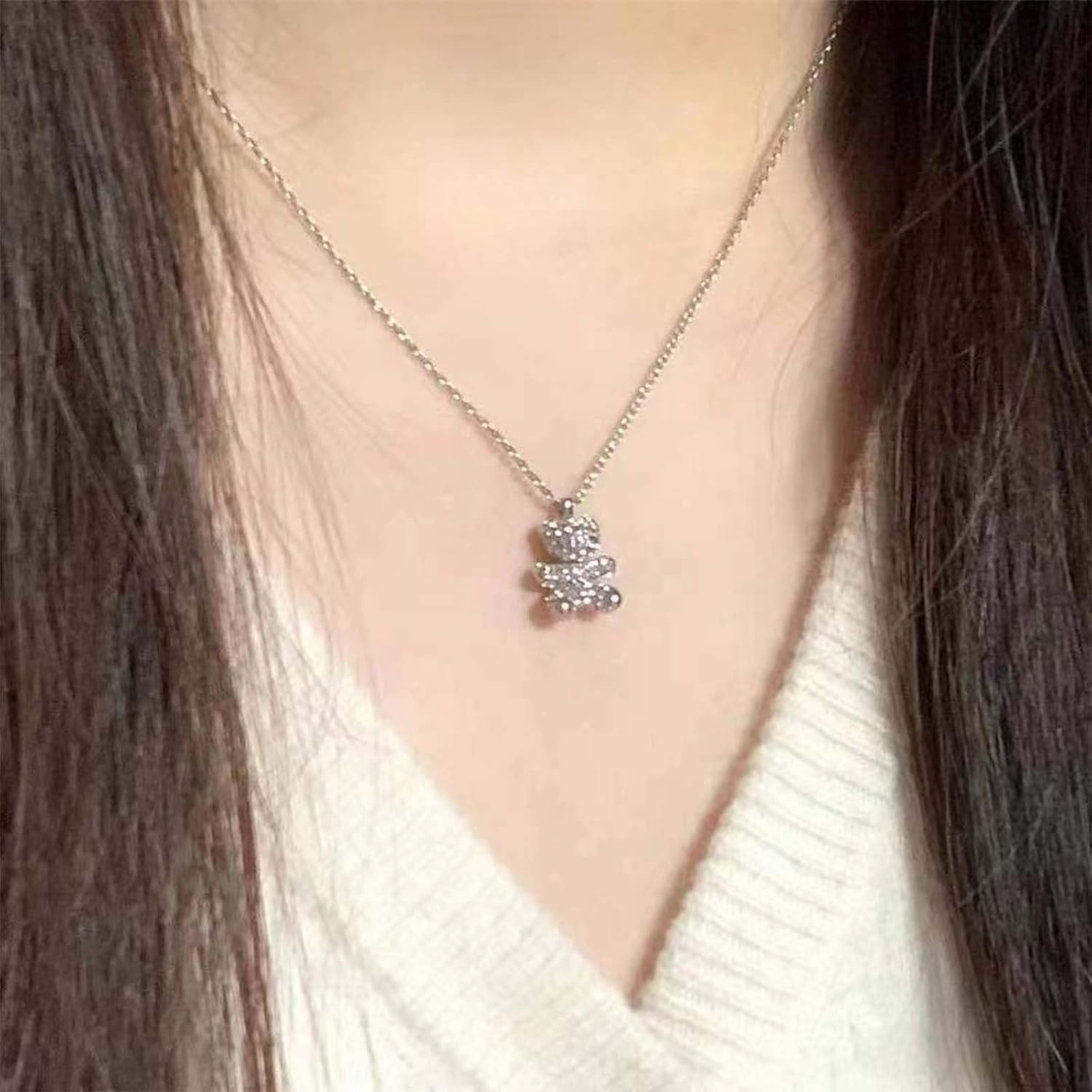 Vintage Crystal Bear Necklace CZ Bear Pendant Choker Necklace Cubic Teddy Bear Necklace Textured Bear Teddy Necklace Jewelry for Women - Image 2