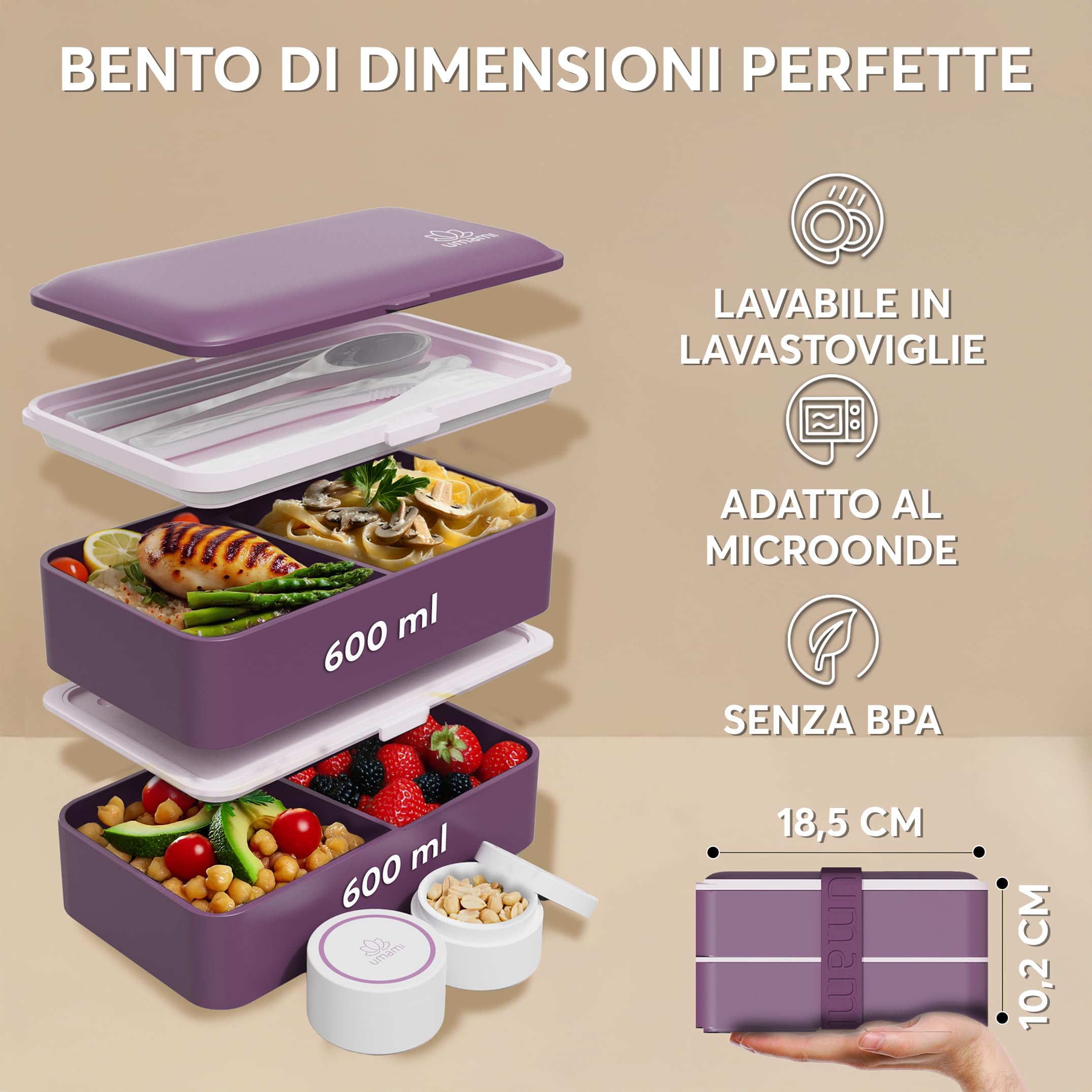 Umami Porta Pranzo Lunch Box Ermetico 4 Scomparti e Posate, Sicuro per Microonde Lavastoviglie, Portapranzo Ufficio Bento Lunchbox Prova di Perdite per Adulti Schiscetta Pranzo, Viola Reale, 1200 ml