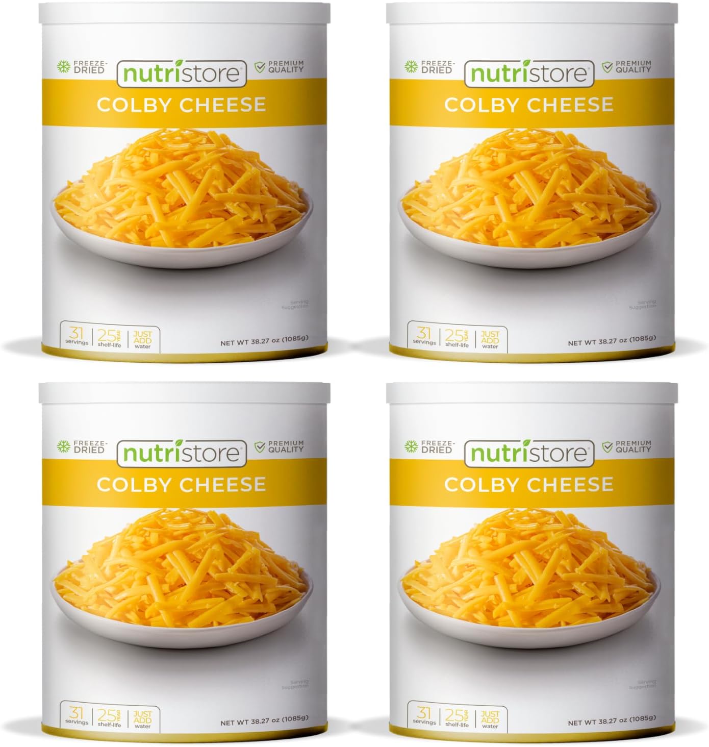 Nutristore Freeze-Dried Colby Cheese Shredded | Amazing Taste & Quality | Perfect for Snacking, & Backpacking/Camping Meals | Emergency Survival Food Storage | 25 Year Shelf-Life (4-Pack)