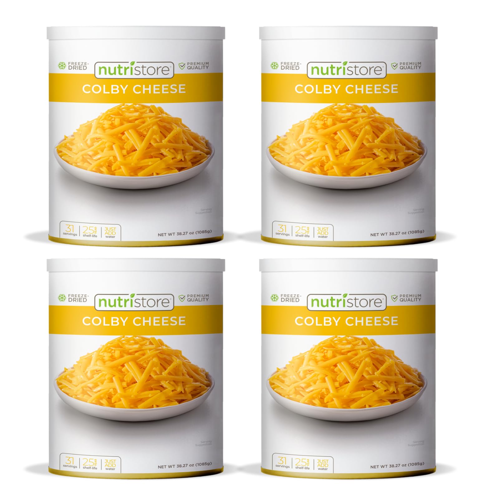 Nutristore Freeze-Dried Colby Cheese Shredded | Amazing Taste & Quality | Perfect for Snacking, & Backpacking/Camping Meals | Emergency Survival Food Storage | 25 Year Shelf-Life (4-Pack)
