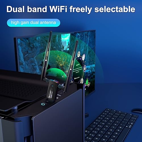Miniatura 4 de Techkey AC1300Mbps Adaptador inalámbrico WiFi USB para PC de escritorio, Dongle de red con doble banda 2.4GHz400Mbps 5GHz867Mbps 5dBi Antena de alta