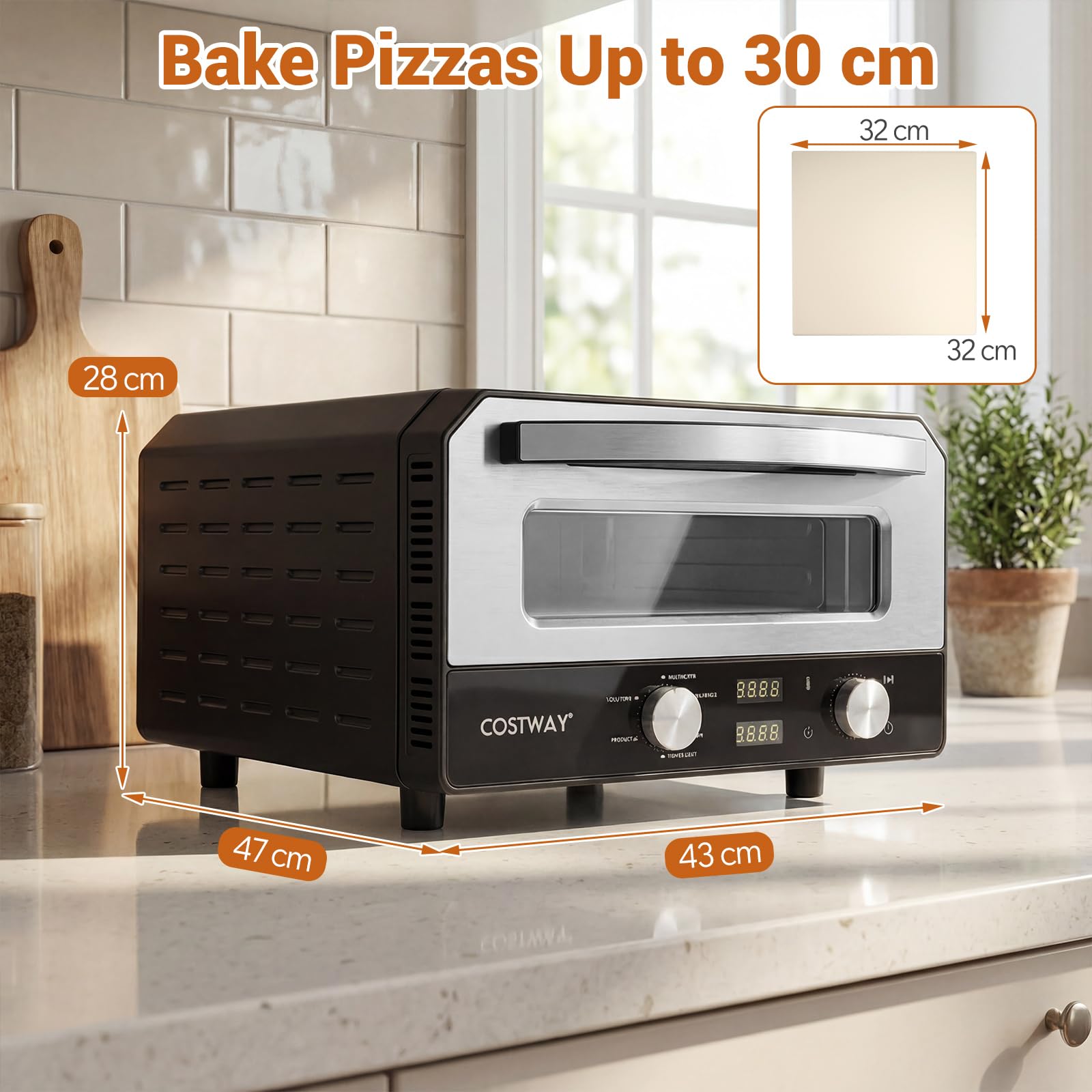 FANTASK Elektryczny piec do pizzy do 400°C, 6 programów, funkcja pieczenia 2 minuty, kamień do pizzy i koło krawieckie, urządzenie do pizzy wewnątrz