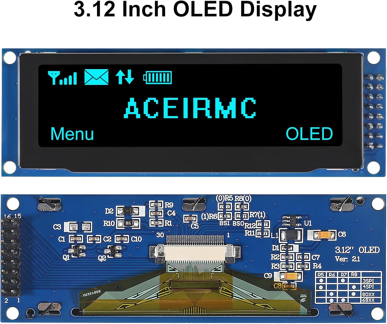 2pcs 3.12 inch OLED Display 256x64 OLED LCD Display SSD1322 Module 16pin Parallel SPI Soldering for Arduino (Blue)