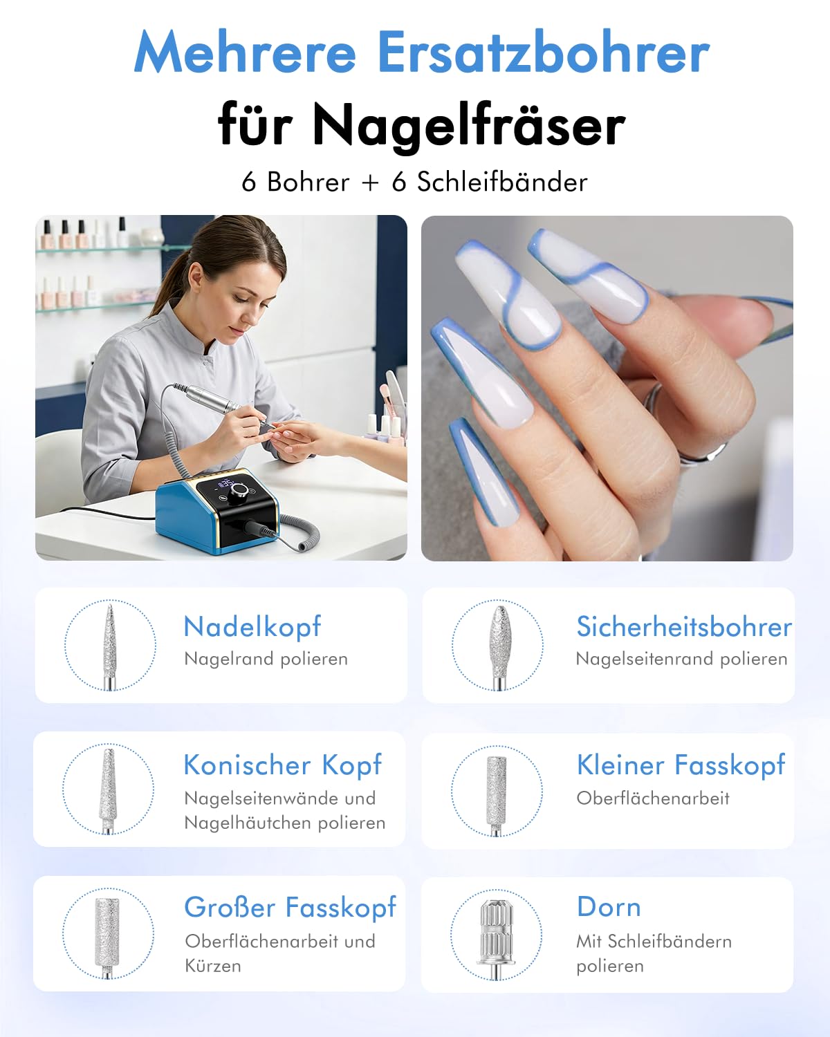 CozyZen Elektrische Nagelfräsmaschine 35.000 U/min Profi-Set | Mit LCD-Display, Hand- & Fußpedal, leise und vibrationsarm für Acryl-, Gel- & Naturnägel, Salon & Zuhause（Blau）