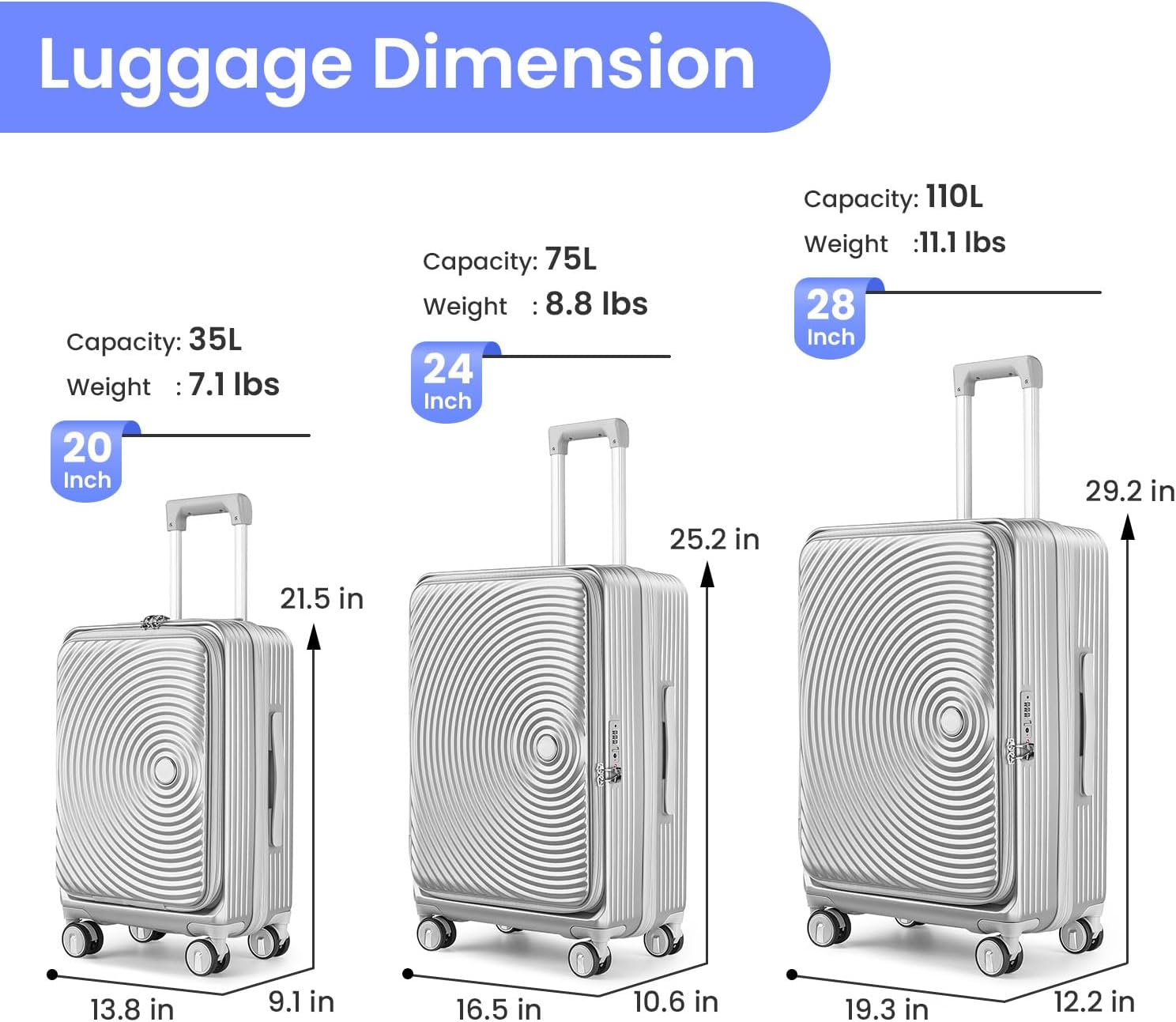 Merax 3 Piece Luggage Sets, Expandable Carry On Luggage with TSA Lock Airline Approved, PC Hard Shell and Lightweight Suitcase with Front Pocket and Spinner Wheels, Silver