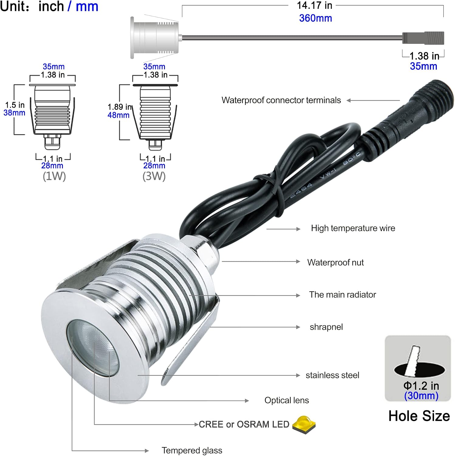 CNBRIGHTER LED In-Ground Lights,1W 12V-24V DC, IP67 Waterproof Recessed Light,Buried Underground Lamps - Image 3