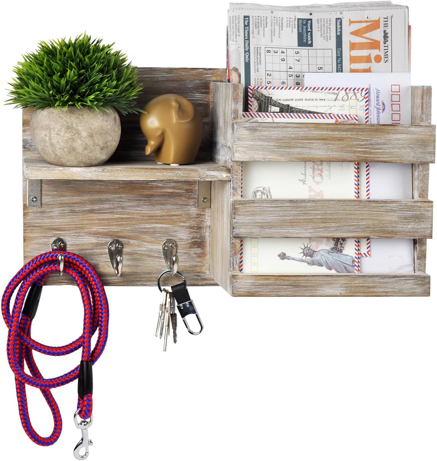 Rustic Wooden Wall-Mounted Key Hooks Holder & Mail Sorter | Farmhouse Decor | 3 Metal Hooks & Small Shelf | Natural Torched Wood | Easy Installation