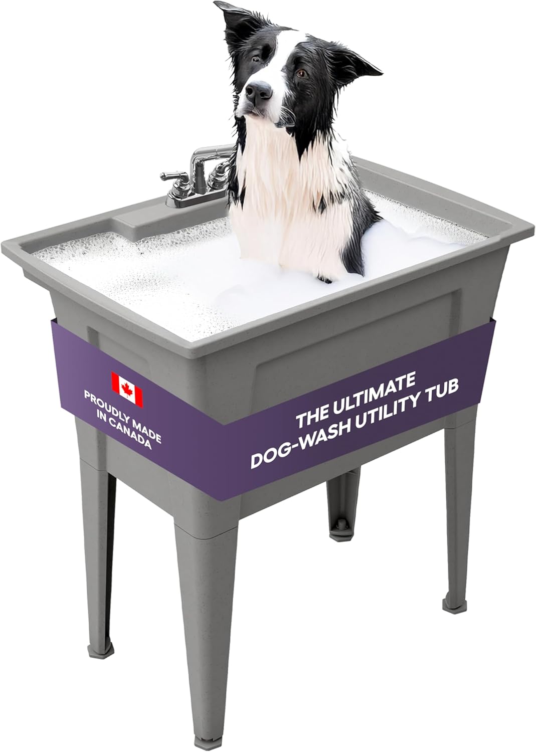 Freestanding Utility Sink with Pull-Out Faucet – 32" with Steel Legs – Multipurpose for Pet Washing & More, Indoor and Outdoor Use – by Noah William Home – Grey (26 gal)