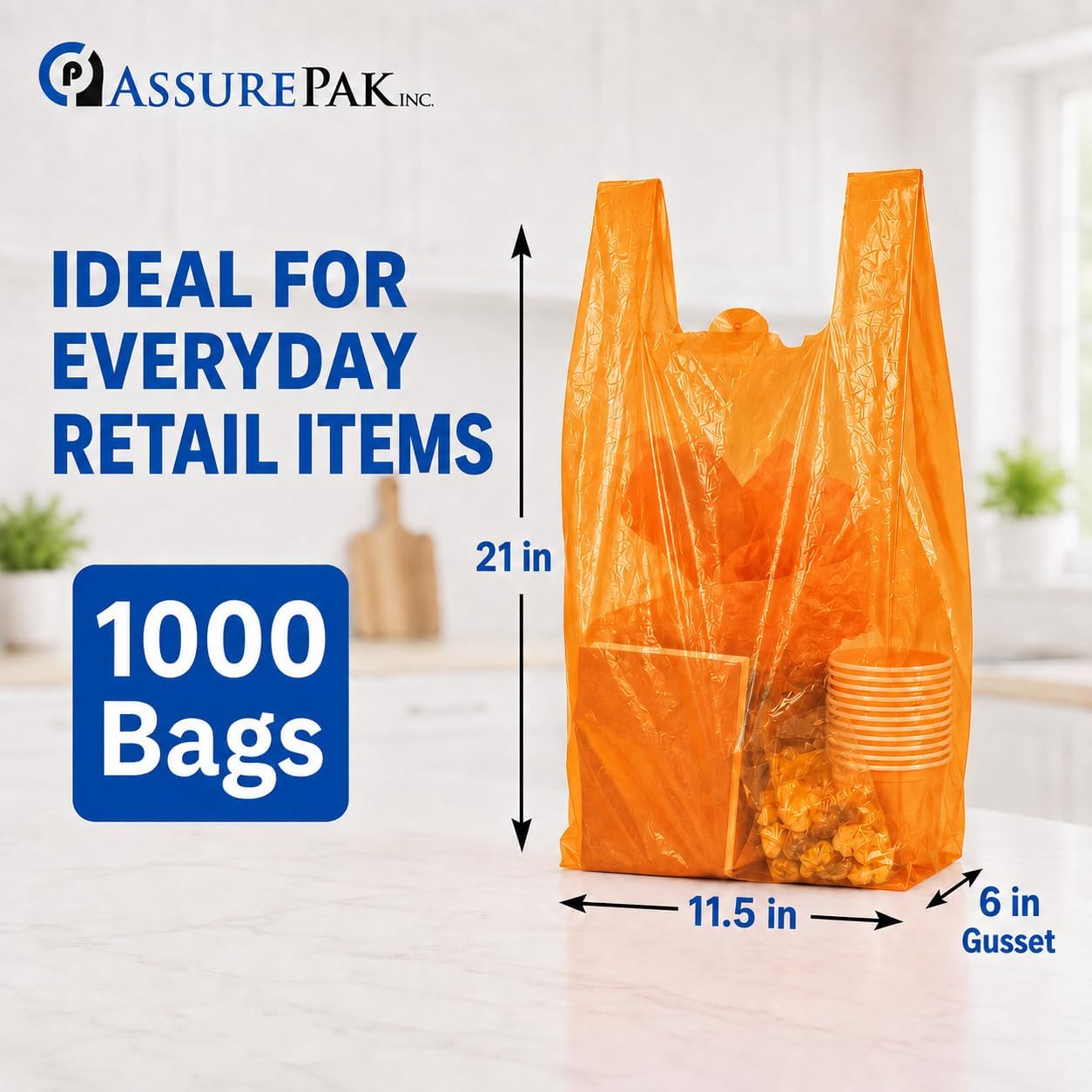 Orange Loop Handle Bags, 11.5" x 6" x 21", 13 Micron, 1000 Count