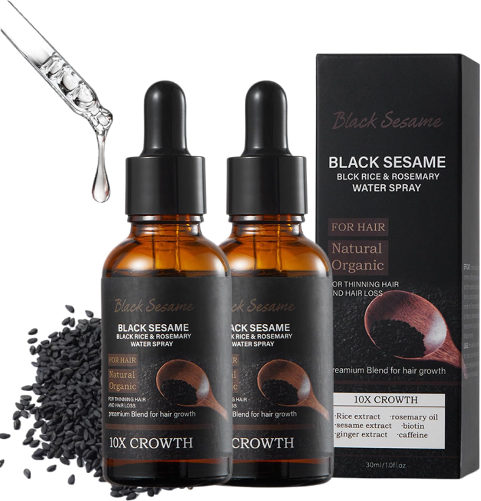 Black Sesame Hair Growth Serum With Rice & Rosemary Water Spray - 10X Growth Oil, Castor Oil (2Pcs)