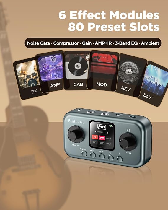 Flatsons P1 Portable Multi Effects Guitar Pedals, 80+ Effects, Rechargeable