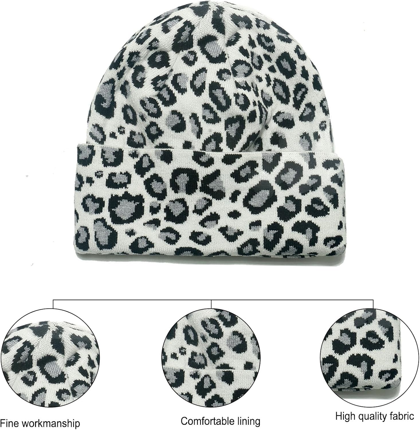 Cow Print Beanie Hats for Women Men Warm Knit Hat Animal Print Beanies Y2K Cap 2 Layers Winter Leopard Print Skull Cap - Image 3
