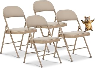 Oline Vinyl Folding Chairs, Padded Vinyl Cushion Chairs with Durable Metal Frame, Indoor Outdoor Stackable Foldable Guest Chairs for Office Wedding Kitchen Dining, 300lb Capacity (Khaki, 4 Pack)