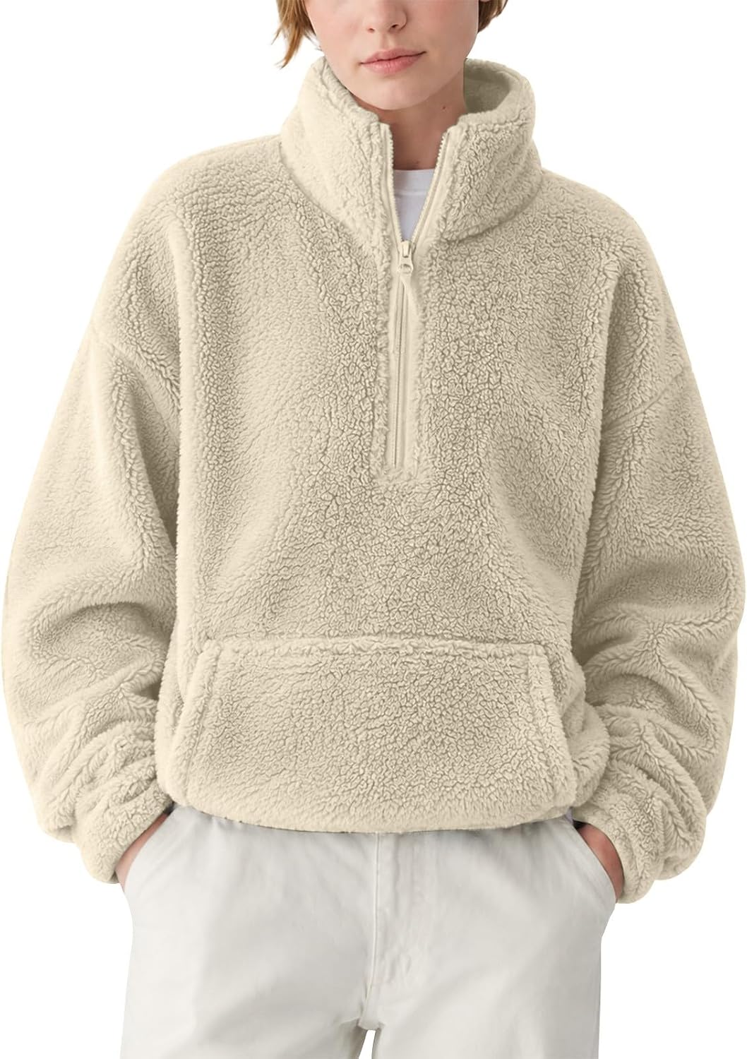Women Cropped Half Zip Sherpa Sweatshirt,Fleece Warm Pullover Jacket | Fuzzy cozy texture, equipped with zipper pockets for outdoor wearing and daily warmth