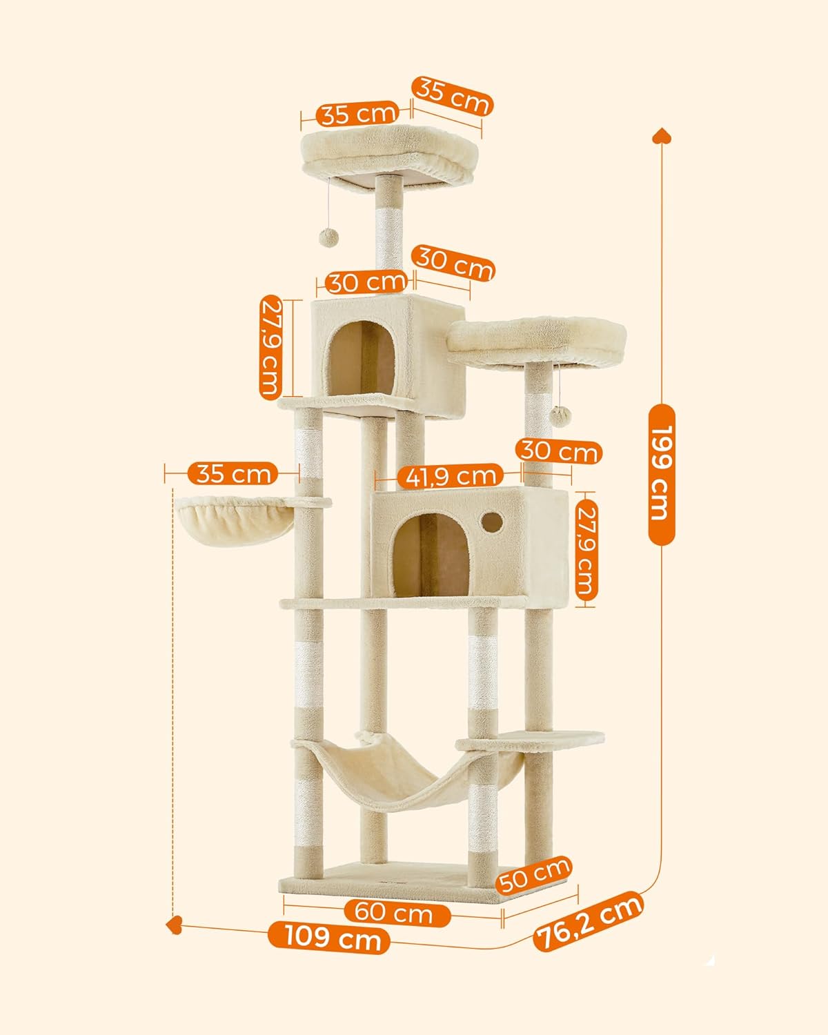 Detailed diagram showing the dimensions of the FEANDREA Slim Cat Tower NPCT196M01.