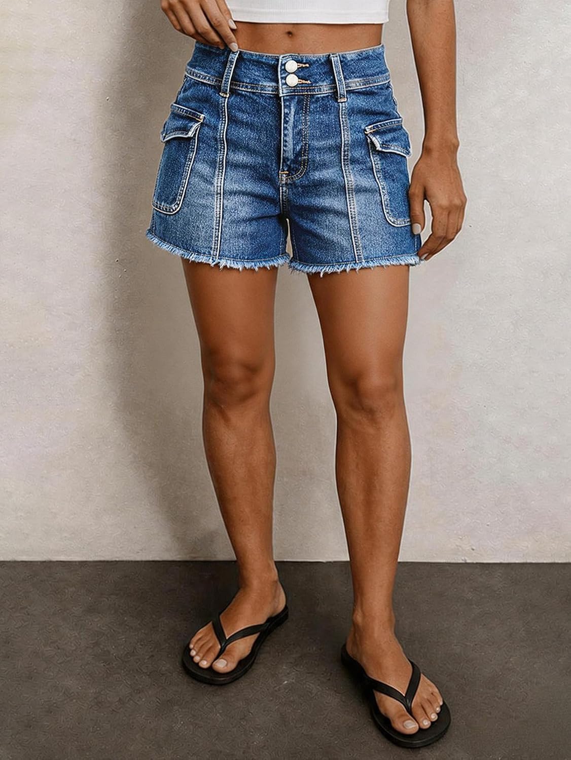 Flamingals Denim Shorts for Women Mid Rise Raw Hem Dual Button Wash Baggy Cargo Jean Shorts Stretchy with Flap Pockets
