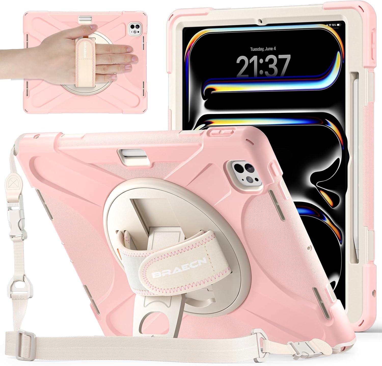 BRAECNstock Kids Case for Apple iPad Pro 13 inch 2024 (M4 7th Gen), Shockproof Protective Case with Pencil Holder [360 Rotating Hand Strap + Stand], Shoulder Strap, Sakura Pink