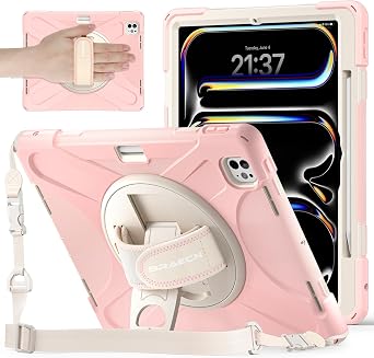 BRAECNstock for iPad Pro 13 inch Case M5 2025 | M4 2024 - Shockproof Protective Cover with 360 Rotating Hand Strap & Stand | Built-in Pencil Holder | Shoulder Strap for Travel & Outdoor - Sakura Pink