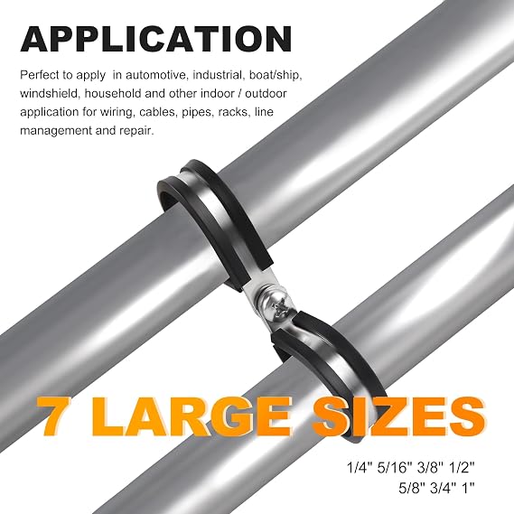 60PCS Cable Clamps Assortment Kit, Flytuo 304 Stainless Steel Rubber Cushion Pipe Clamps in 7 Sizes 1/4 5/16 3/8 1/2 5/8 3/4 1