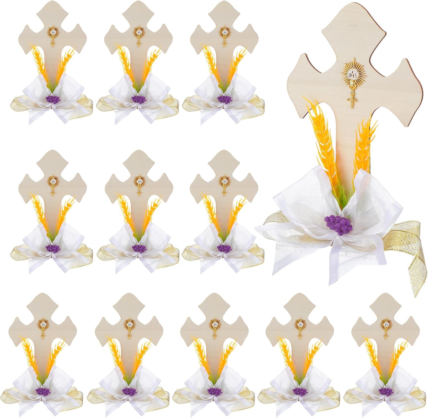 Kathfly 12 Pcs First Communion Centerpiece Wood Holy Table Decoration with Grapes and Simulated Wheat Ears Gold Lace Ribbon for First Communion Christ Catholic Table Decor