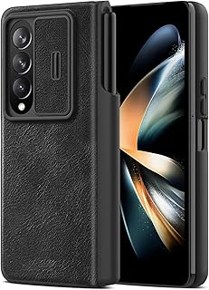 جراب لسامسونج جالاكسي زد فولد 4 مع حامل قلم ستايلس وغطاء منزلق للكاميرا مضاد للبصمات وبقع الزيت غطاء جلد صناعي خاص شبكة الجيل الخامس 5G من نيلكين اسود بيزنس جالكسي، لسامسونج جالكسي زد فولد 4