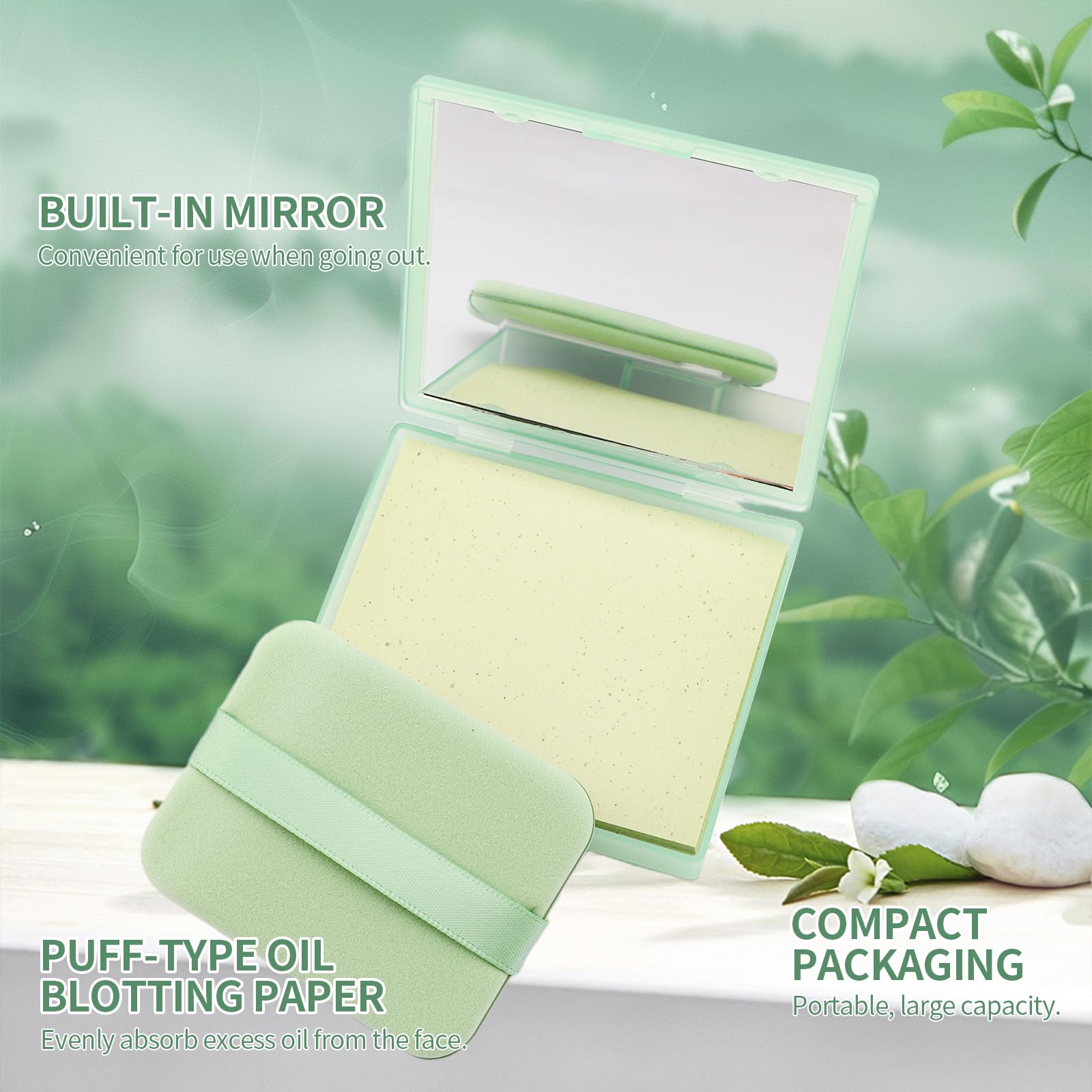 Erinde Hojas secantes de aceite con espejo y soplo, 300 hojas de papel absorbente de aceite facial para piel grasa, aptas para maquillaje