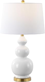 JONATHAN Y Bowen 27.5" Ceramic Triple Gourd Table Lamp, White/Brass Gold | Contemporary, White Linen Drum Shade, Modern Transitional Style, Metal Base, LED Bulb Included