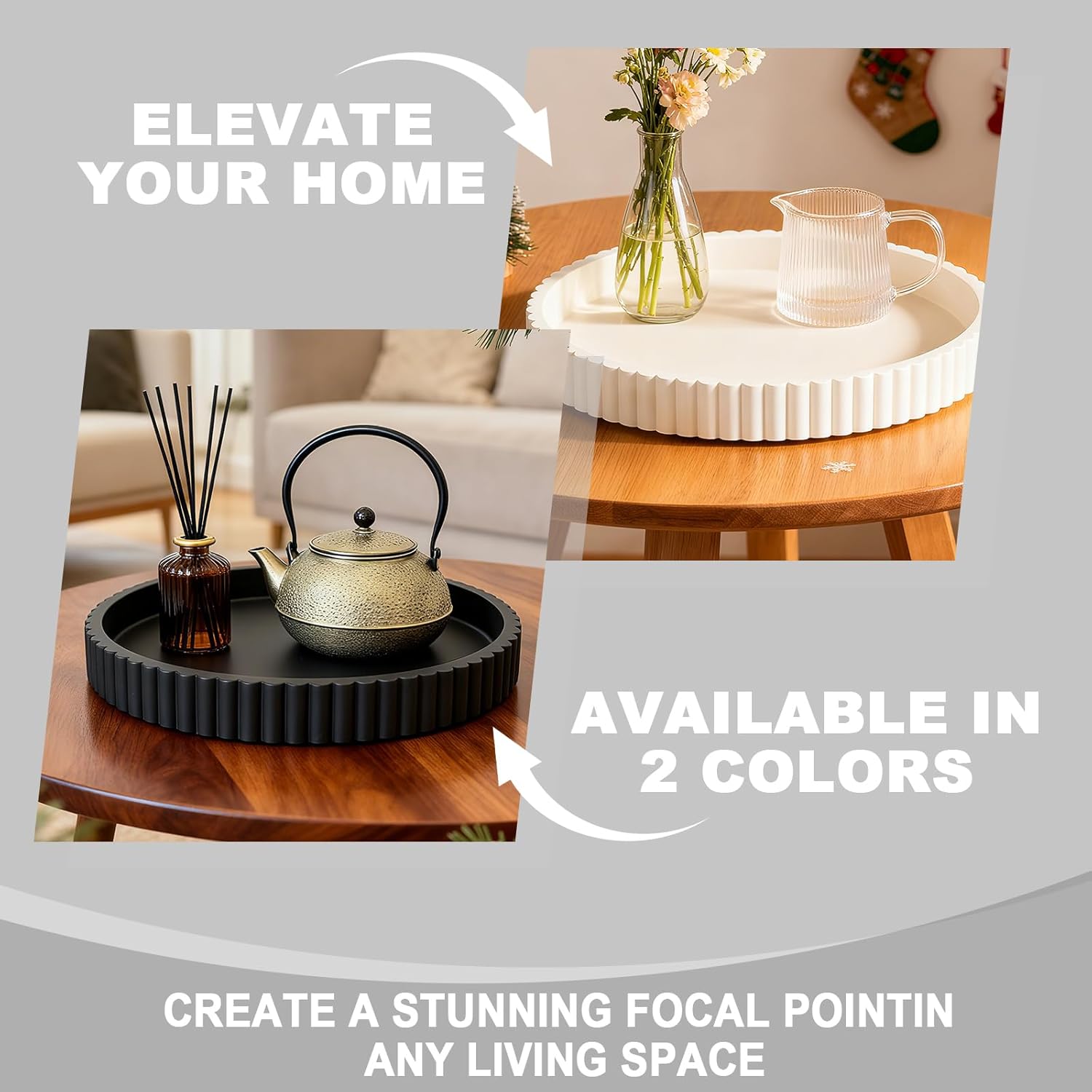 Round Decorative Tray for Coffee Table Decor - Resin Modern Table Centerpieces Decorative Trays for Kitchen, Dining, Living Room, Home Decor Housewarming Gift - Black