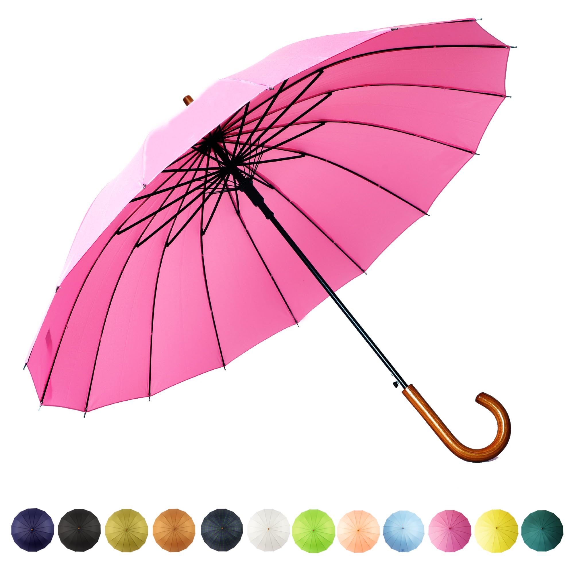 SoulRain 16 Ribs 48" Stick Umbrella Auto Open Solid Color Fashionable and Simple，Arc Classic Wood Handle，Windproof Unbreakable Stick Rain Umbrella