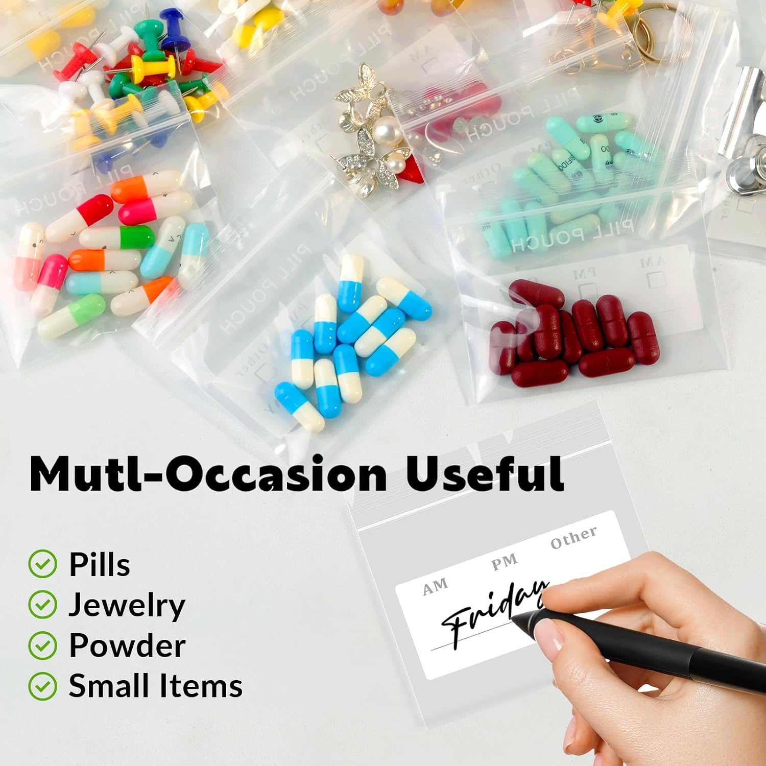 125 Packs Pill Pouch Bags 6 mil 3x2.75'', Bpa Free Travel Medicine Organizer, Writable Clear Small Portable Pill Organizer, Pill Case for Purse, Pill Pockets for Meds, Storage, Packaging & Travel