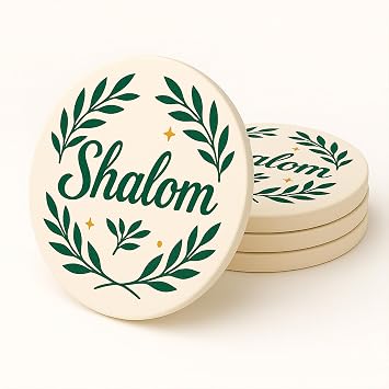 Shalom Coasters Set of 4 Ceramic Drink Coasters with Olive Branch Peace Design Absorbent Stone Coasters with Cork Base Christian & Jewish Gifts Religious Table Decor for Home Holidays