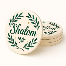 Shalom Coasters Set of 4 Ceramic Drink Coasters with Olive Branch Peace Design Absorbent Stone Coasters with Cork Base Christian & Jewish Gifts Religious Table Decor for Home Holidays