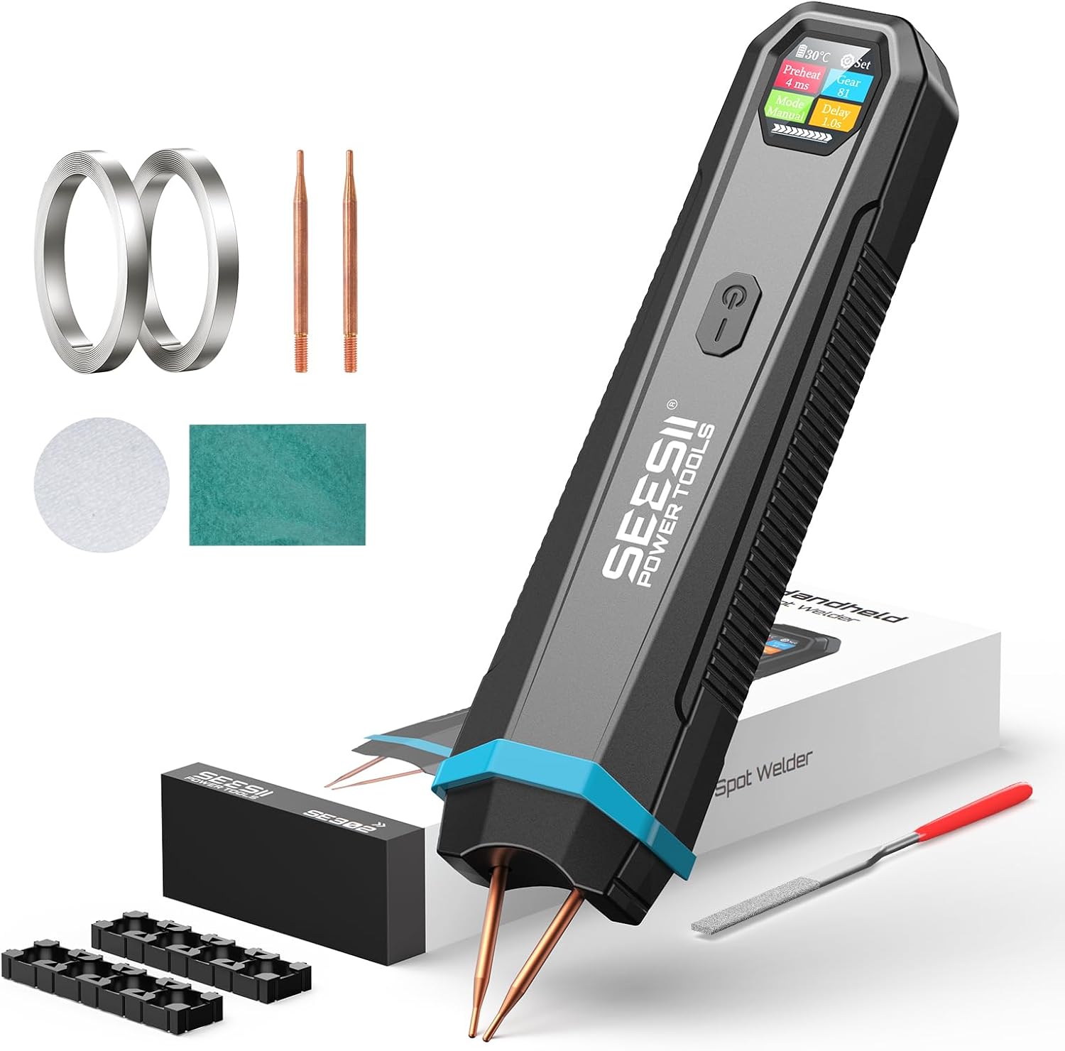 SEESII Battery Spot Welder: Rechargeable Battery Welder with Visual Display, 3360W Max Power with 1-99 Gears, Copper Tips, Portable Spot Welder for Lithium Battery (DIY, Repairs, Outdoor Use)