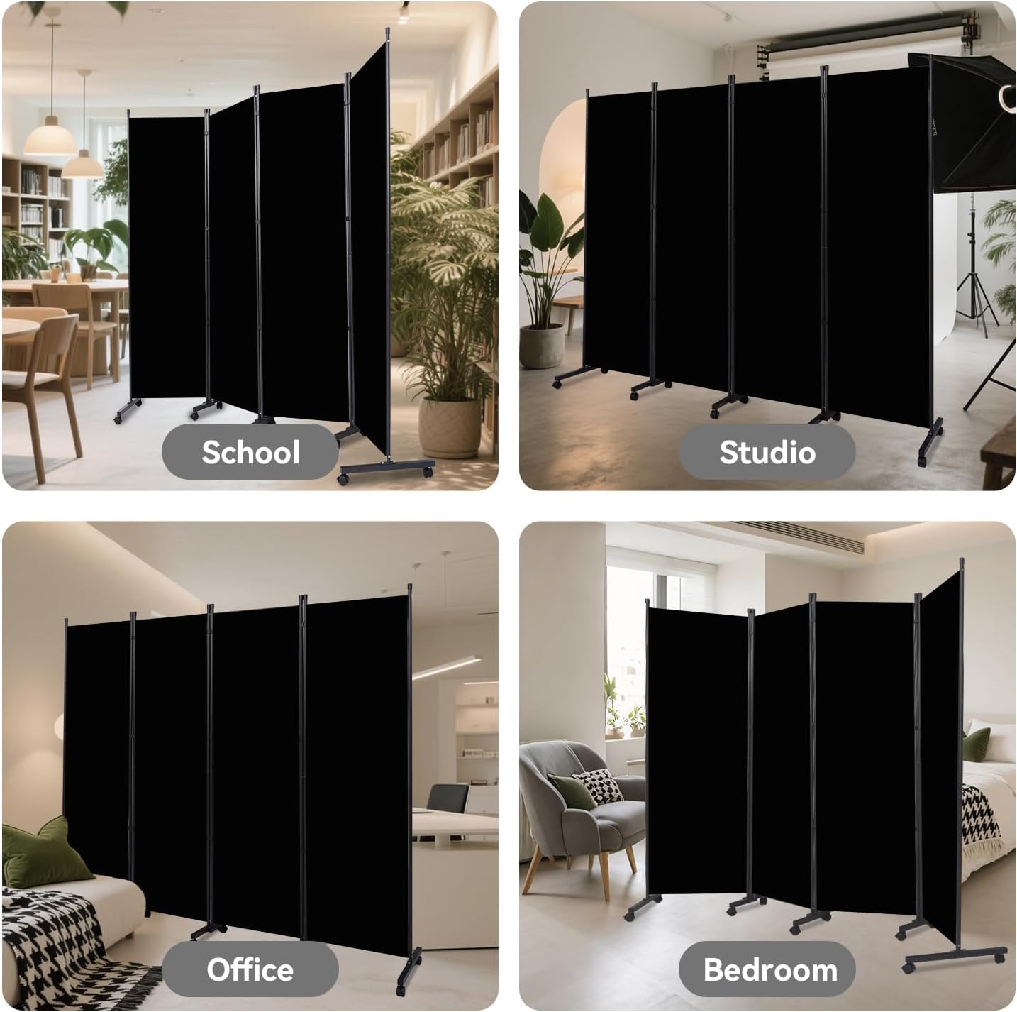 Room Divider (4 Panel) Wall Divider for Room Separation, 88 inch Wide Portable Privacy Screens W/Wheels, Metal Frame Freestanding Room Separators 5.6FT Room Partitions and Dividers