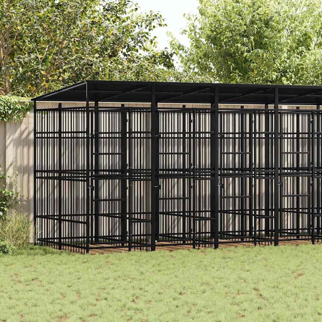 Perrera para perros con techo de acero negro 12,9 m² 679 x 200 x 228 cm con puerta con cierre de protección y seguridad para perros, cachorros, jardín y camping