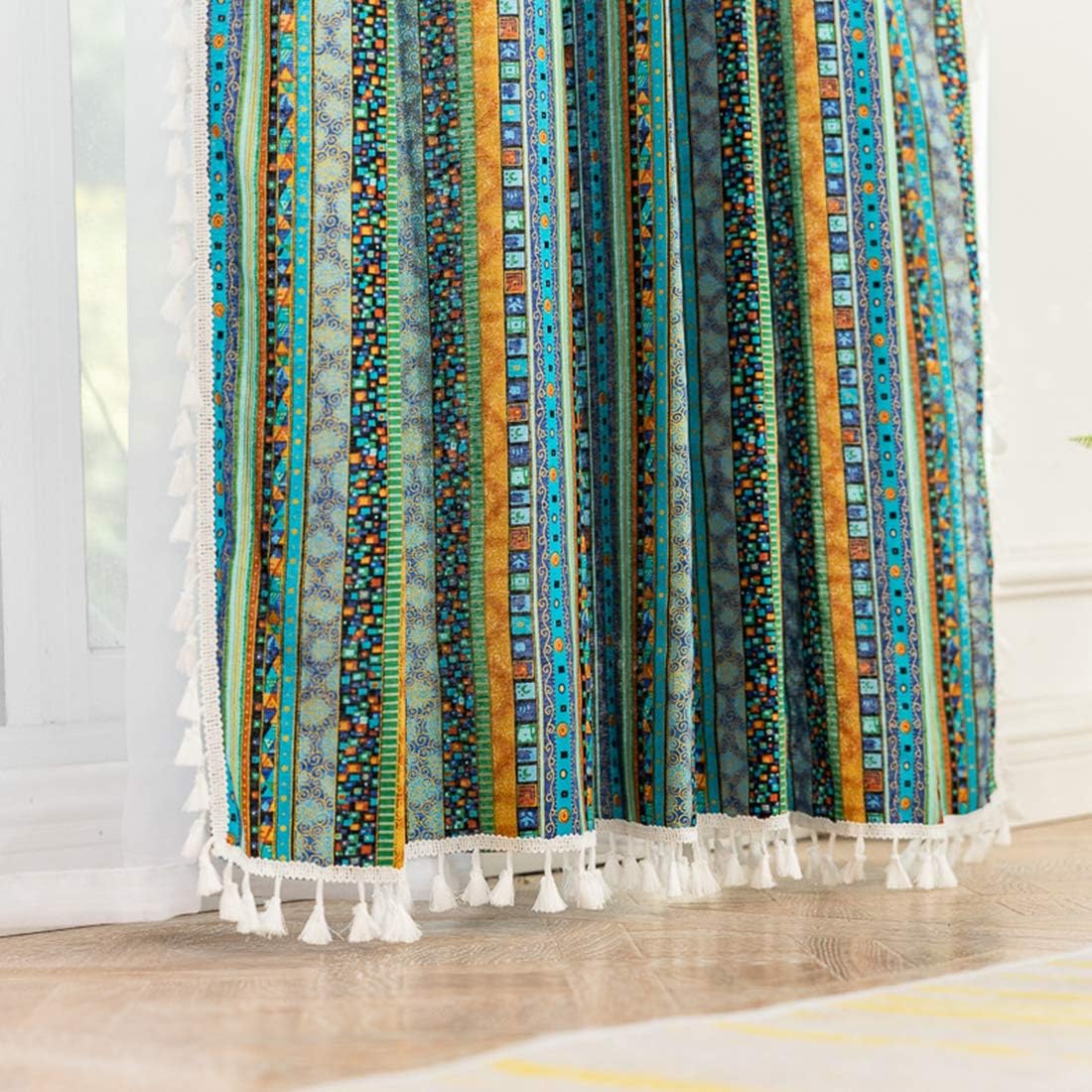 vctops Bohemian Striped Curtains with Tassel Cotton Linen Room Darkening Rod Pocket Window Drapes for Dining Living Bedroom (Stripe A, 59"x63")