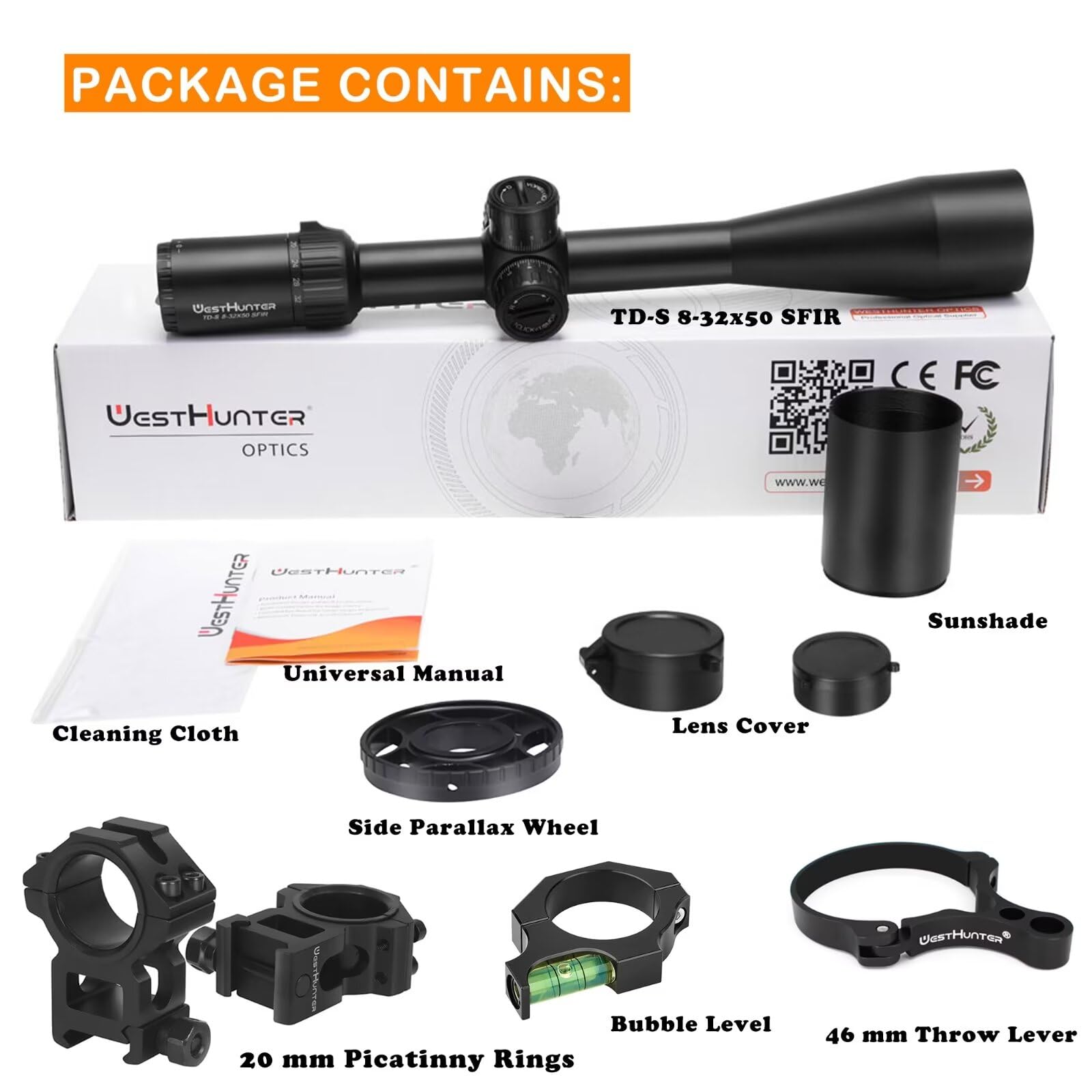WestHunter Optics TD-S 8-32x50 SFIR Precisión Miras Telescópicas, Exclusivo para Competiciones Deportivas de Larga Distancia | Picatinny Shooting Kit B