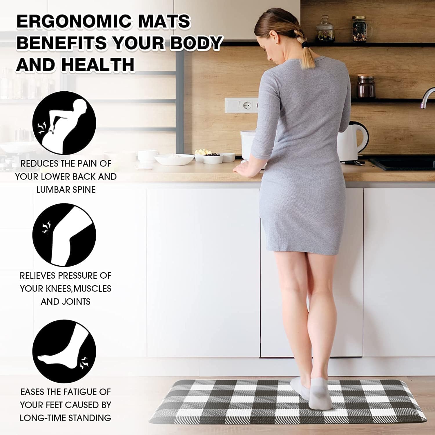 MAYHMYO Tapete de cocina antifatiga, acolchado, a cuadros en blanco y negro, tapete de cocina antideslizante e impermeable, ergonómico, cómodo, tapete de escritorio para suelo, hogar, oficina,