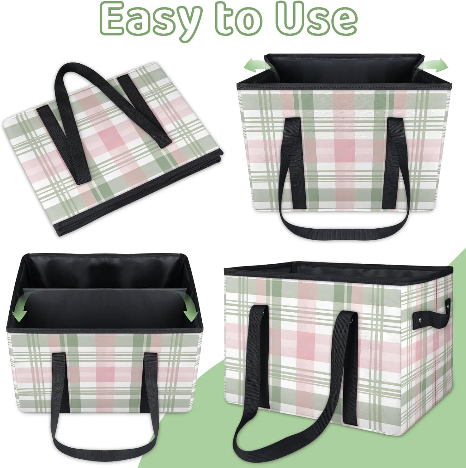 Fashionable Plaid Reusable Grocery Bags Foldable Shopping Bags Storage Bins Basket Large Grocery Tote Bag Foldable Shopping Bag with Reinforced Bottom & Handles for Clothes Shoes Picnic, 3pcs