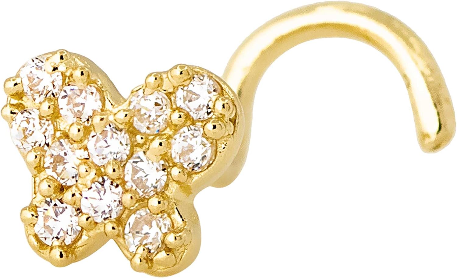 20G Solid 14K Yellow Gold Butterfly Nose Stud, L-Shape, Nose Screw, Nose Bone Stud, CZ Accented
