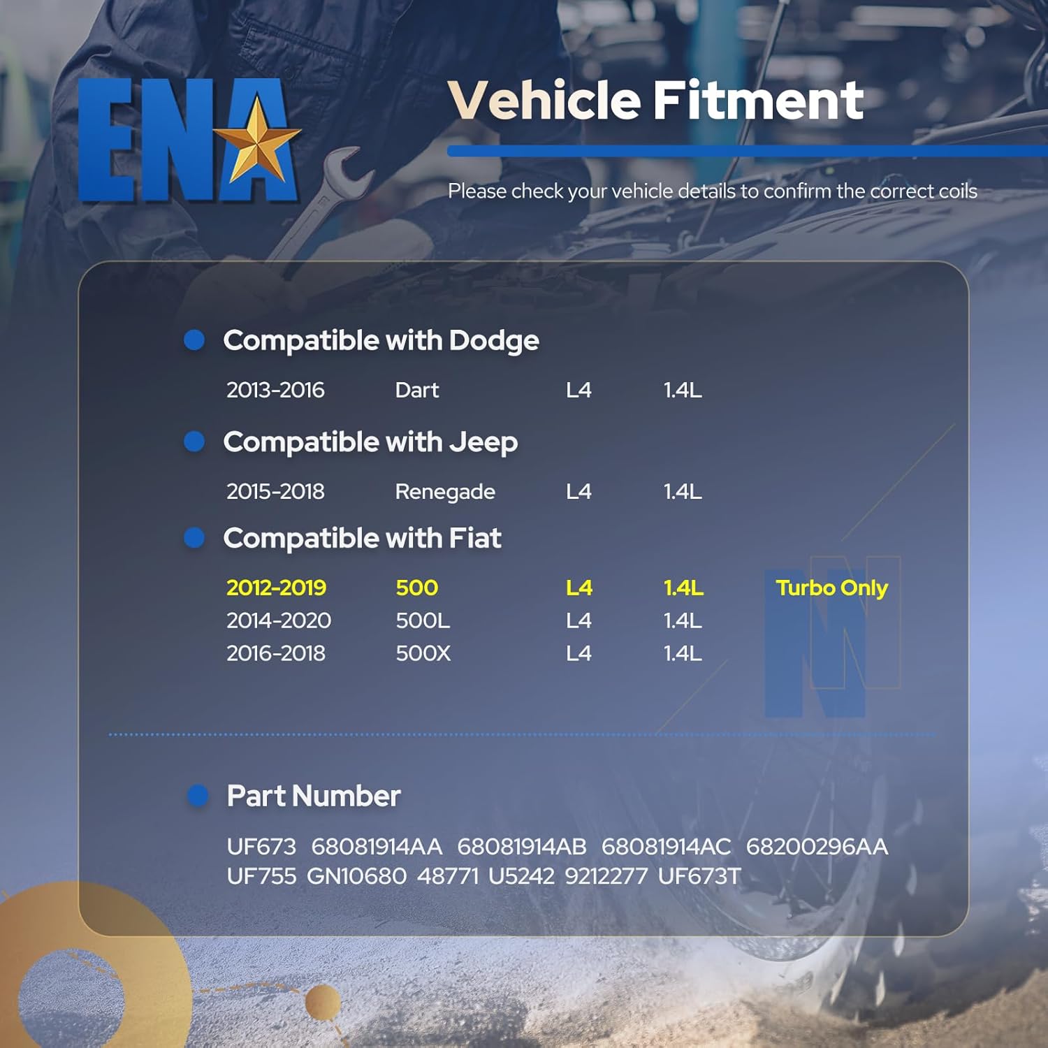 ENA Ignition Coil Pack UF673 Compatible with Dodge Dart 2013-2016 Jeep Renegade 2015-2018 Fiat 500 Turbo 500L 500X 2012-2020 1.4L L4 Coils Set of 4 Replacement for 68081914AA 68081914AB 68081914AC